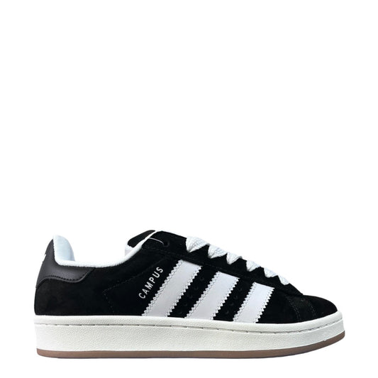 Luxury Chef Adidas Campus black suede sneakers with white stripes and laces, gum sole.