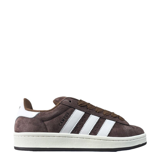 Luxury Chef Adidas Campus 00s brown suede sneakers with white stripes and laces.