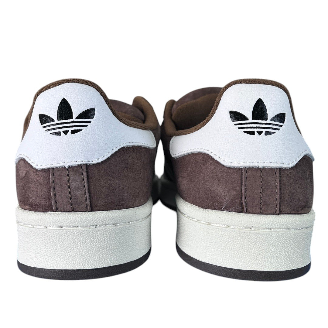Luxury Chef Adidas Campus brown suede sneakers with white heel tab and black trefoil logo.
