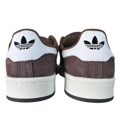 Luxury Chef Adidas Campus brown suede sneakers with white heel tab and black trefoil logo.