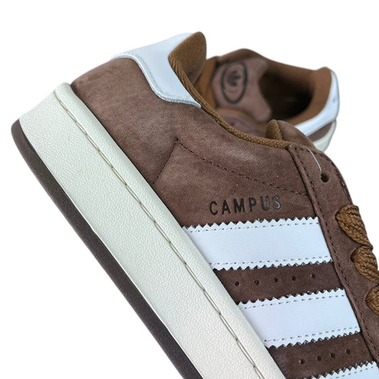Luxury Chef Adidas Campus brown suede sneakers with white stripes and white heel tab.