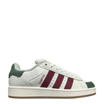 Luxury Chef Adidas Campus low-top sneakers in off-white with burgundy stripes and green accents. Textile and leather.