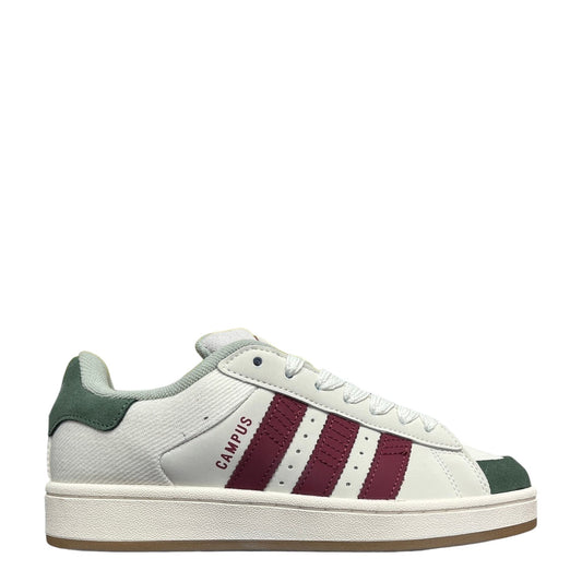 Luxury Chef Adidas Campus low-top sneakers in off-white with burgundy stripes and green accents. Textile and leather.