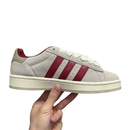 Luxury Chef Adidas Campus suede sneakers with burgundy stripes and cream laces. Casual low-top style.