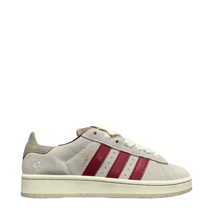 Luxury Chef Adidas Campus 00s sneakers in cream suede with burgundy snake-print stripes and heel tab.