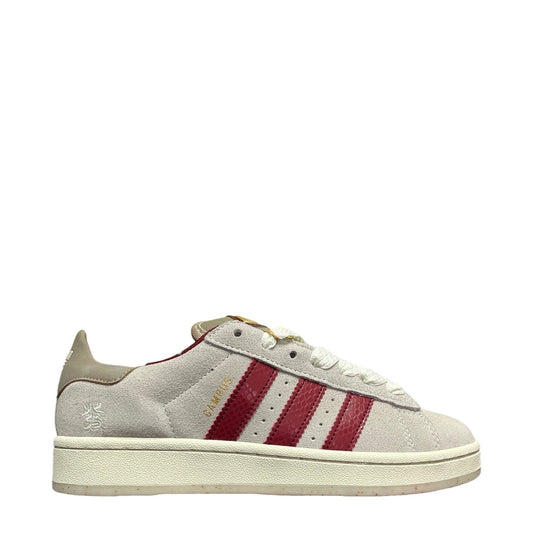 Luxury Chef Adidas Campus 00s sneakers in cream suede with burgundy snake-print stripes and heel tab.