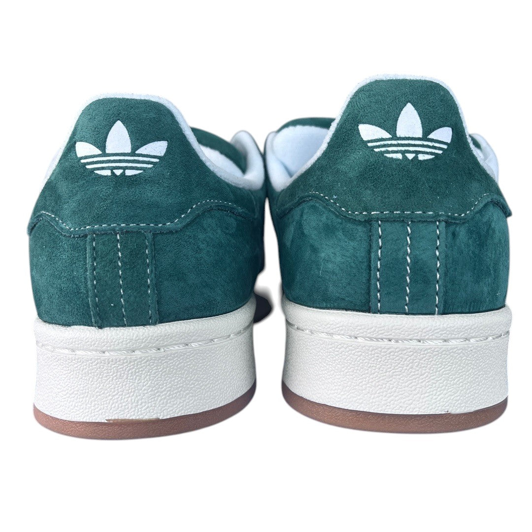 Luxury Chef Adidas Campus dark green suede sneakers with white trim and Adidas logo on heel.