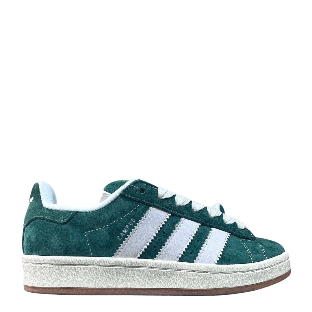 Luxury Chef Adidas Campus green suede sneakers with white stripes and laces, gum sole.