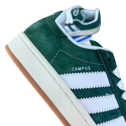 Luxury Chef Adidas Campus green suede and white leather sneakers with gum sole.