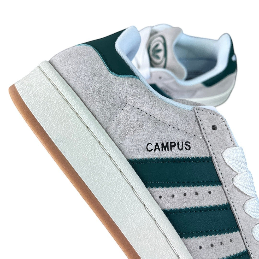 Luxury Chef ADIDAS CAMPUS grey suede sneakers with green accents and white laces. Gum sole.