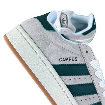 Luxury Chef ADIDAS CAMPUS grey suede sneakers with green accents and white laces. Gum sole.