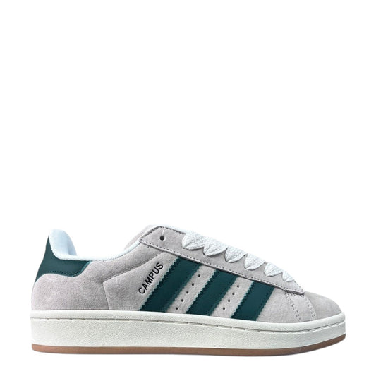 Luxury Chef Adidas Campus grey suede sneakers with green stripes and white laces. Gum sole.