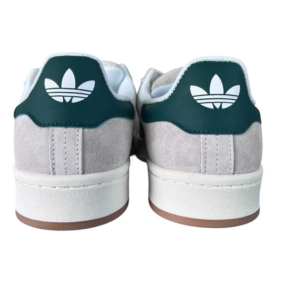 Luxury Chef Adidas Campus light grey suede sneakers with dark green heel tab and white trefoil logo.