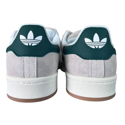 Luxury Chef Adidas Campus light grey suede sneakers with dark green heel tab and white trefoil logo.
