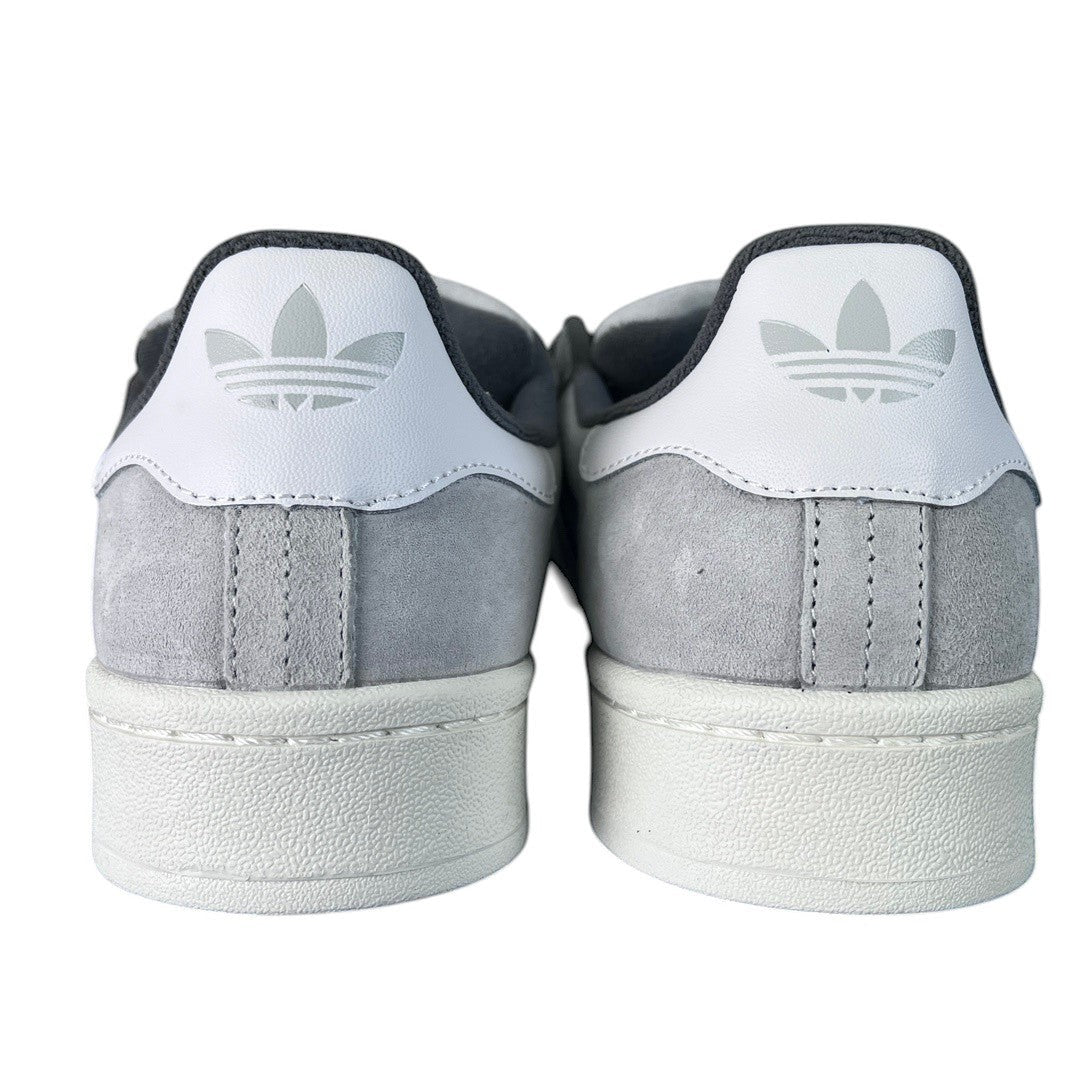 Luxury Chef Adidas Campus grey suede and white leather sneakers with Adidas logo.