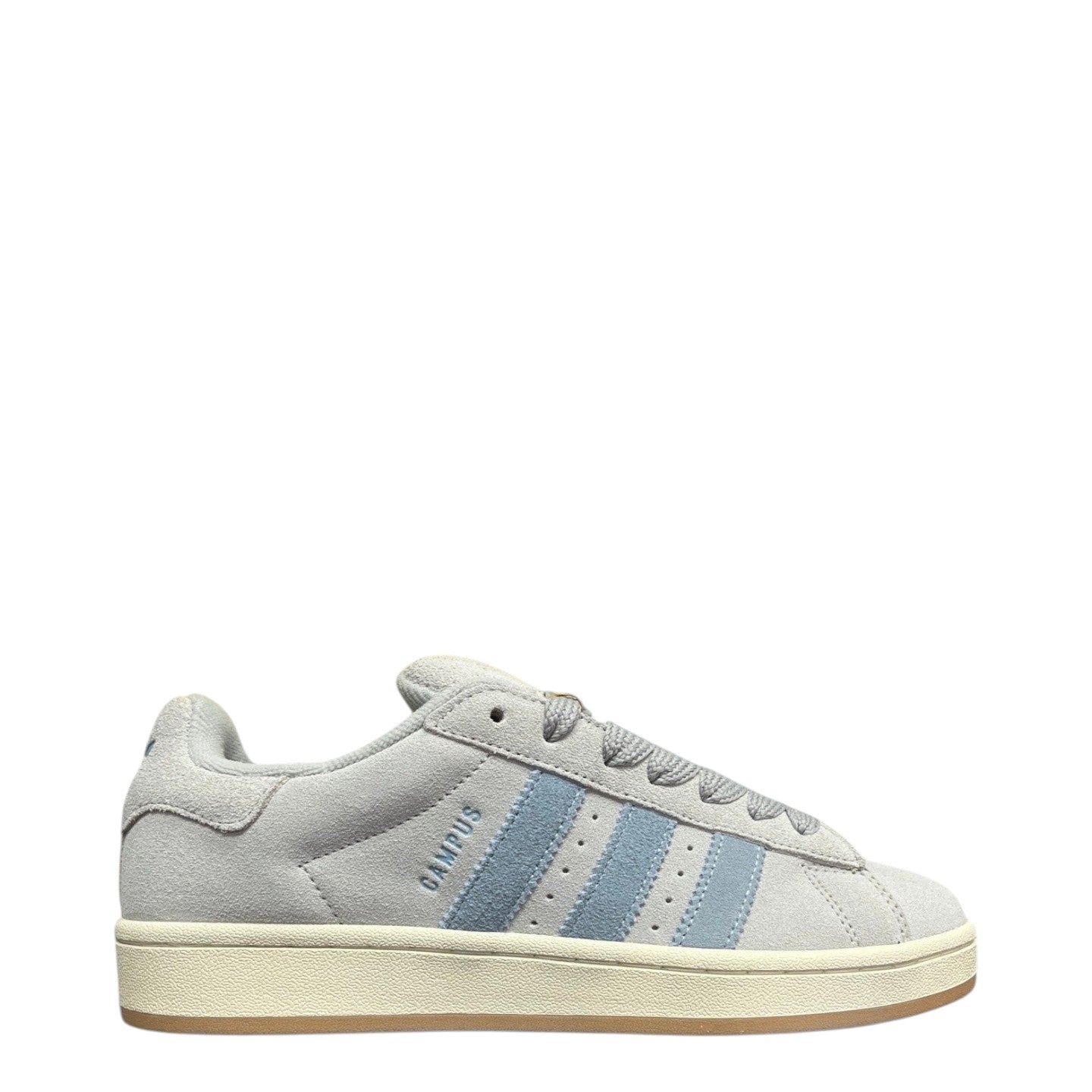 Luxury Chef Adidas Campus light grey suede sneakers with light blue stripes and gum sole.