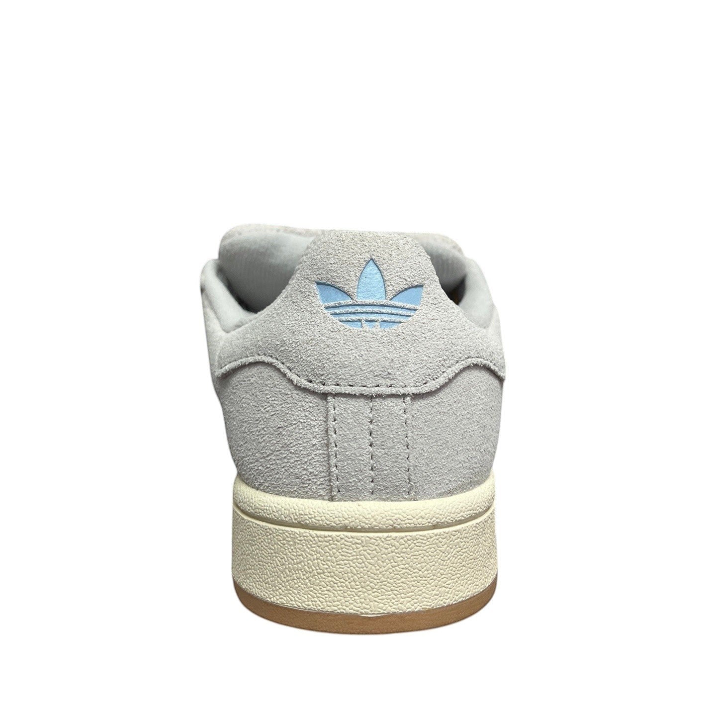 Luxury Chef Adidas Campus light grey suede sneakers with light blue Adidas logo on heel and cream sole.