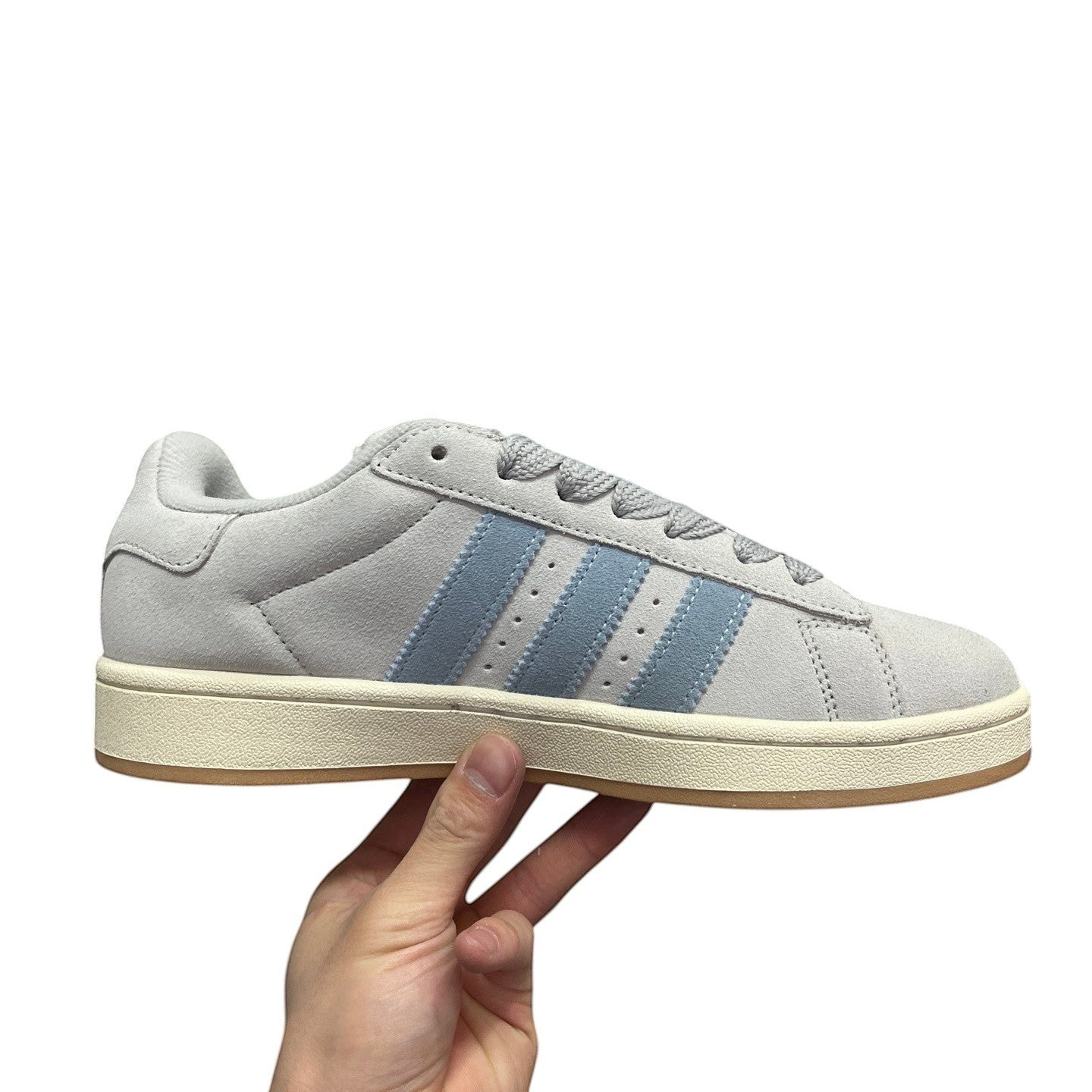 Luxury Chef Adidas Campus light grey suede sneakers with light blue stripes and cream sole.