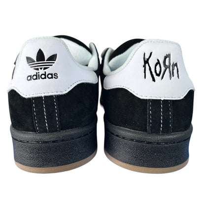 Luxury Chef Adidas Campus black suede sneakers with white accents and Korn logo detail.