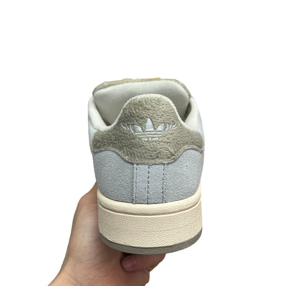 Luxury Chef Adidas Campus light blue suede sneakers with fuzzy grey trim and cream sole.