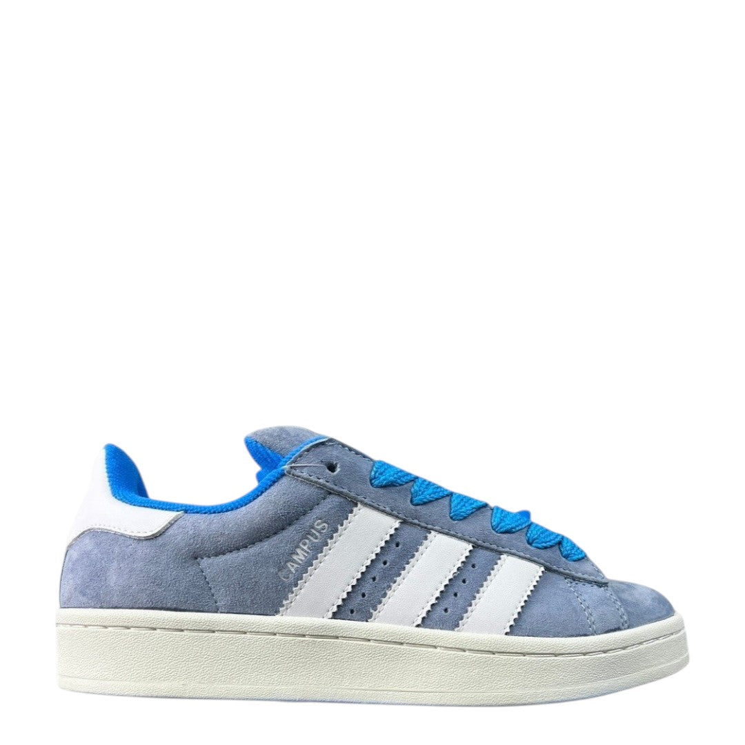 Luxury Chef Adidas Campus light blue suede sneakers with white stripes and laces, cream sole.
