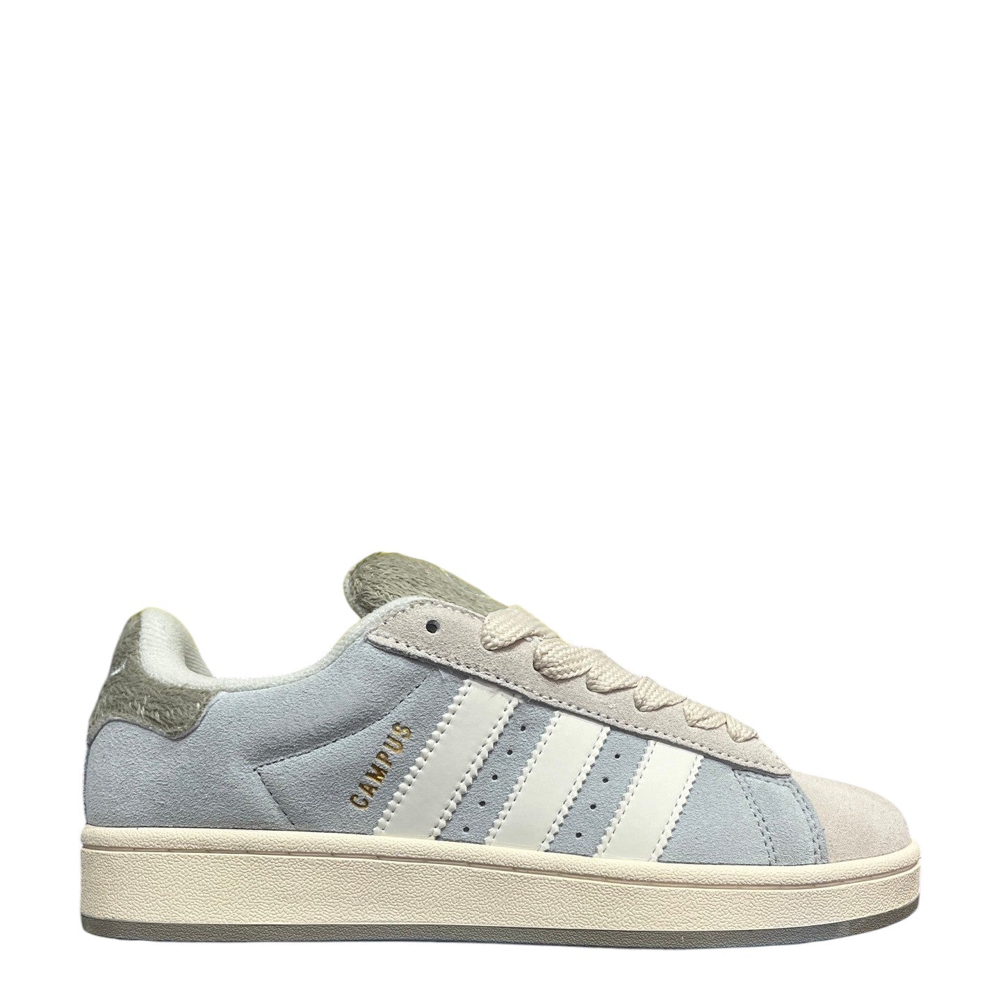 Luxury Chef Adidas Campus light blue suede sneakers with white stripes and cream sole. Gold 'CAMPUS' text on side.