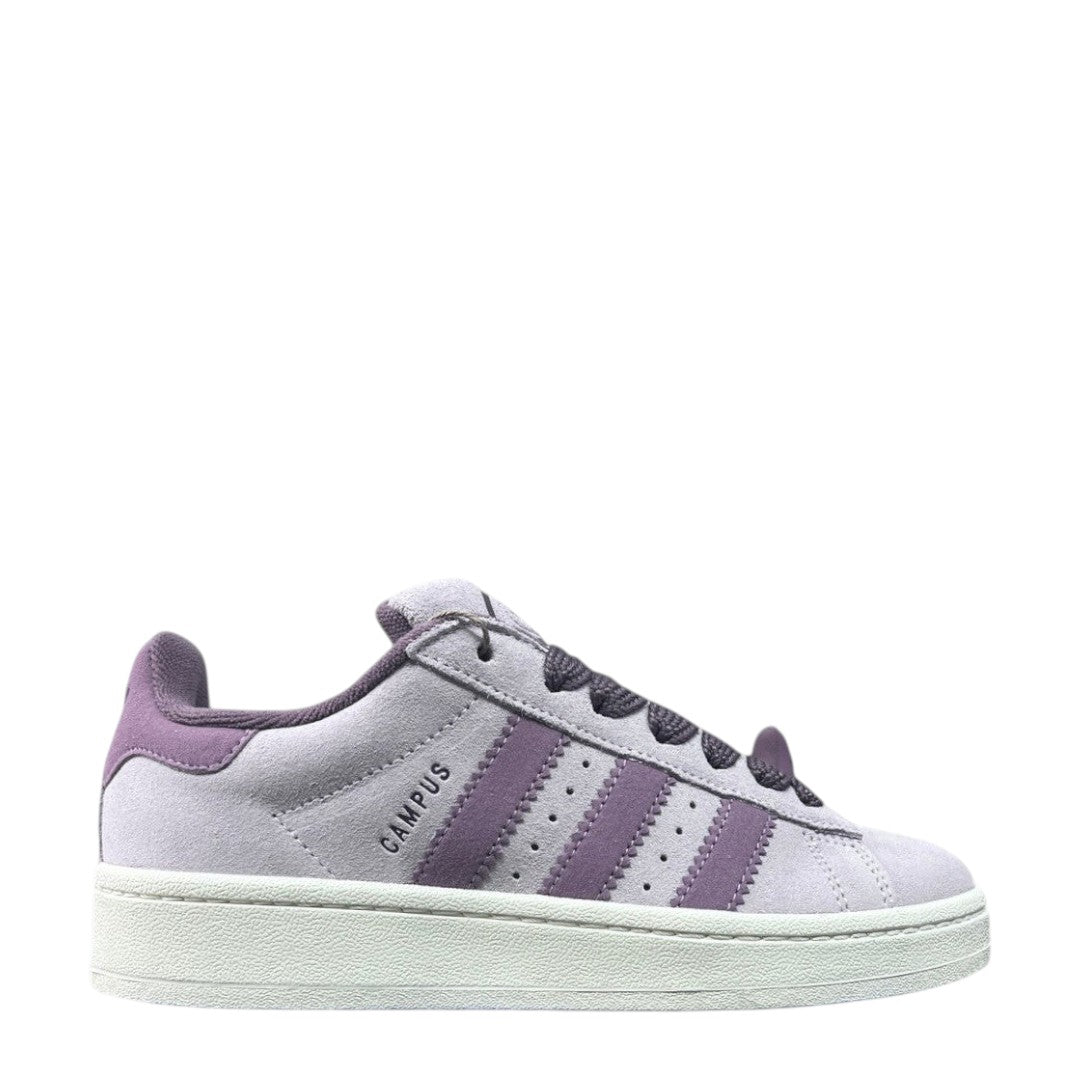 Luxury Chef Adidas Campus 00s lilac suede sneakers with purple accents and white sole. Classic three-stripe design.