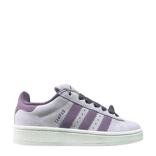 Luxury Chef Adidas Campus 00s lilac suede sneakers with purple accents and white sole. Classic three-stripe design.