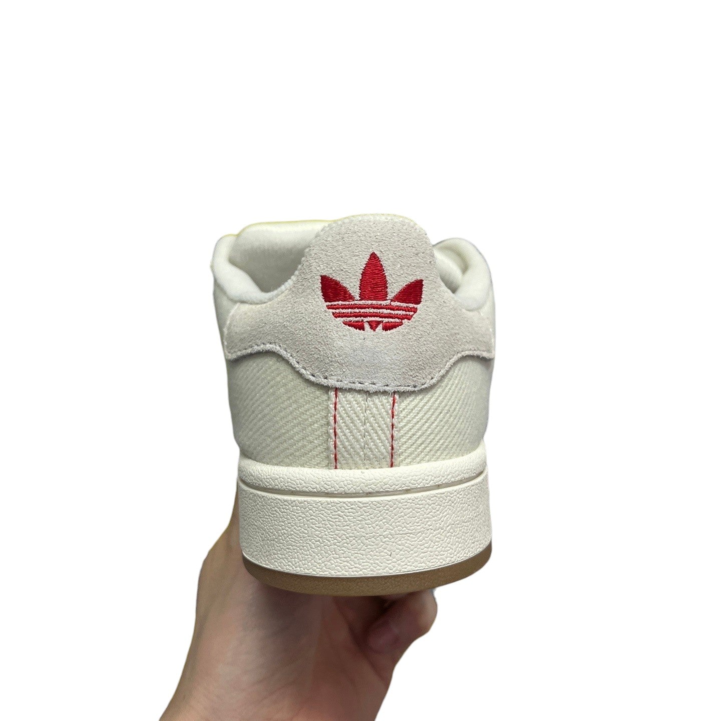 Luxury Chef Adidas Campus off-white canvas sneakers with red Adidas logo and stitching. Gum sole.