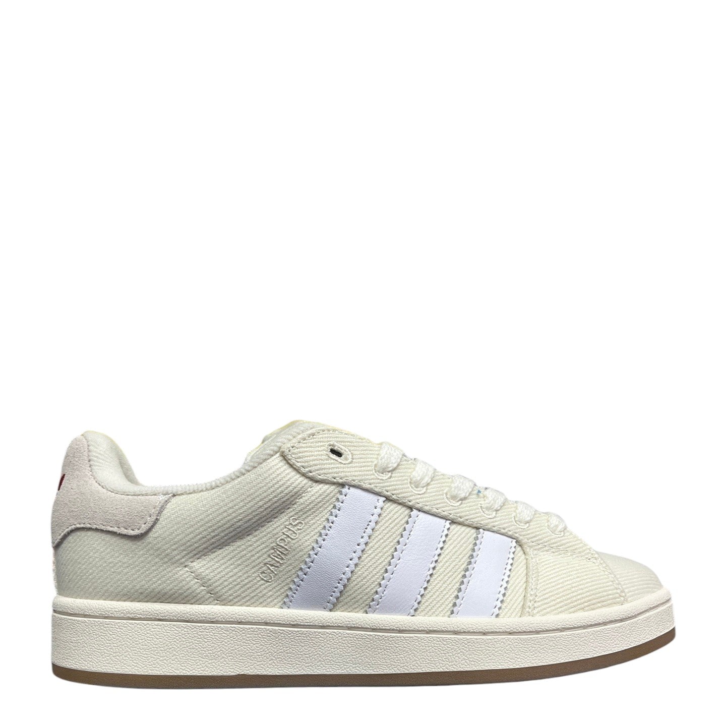 Luxury Chef Adidas Campus off-white canvas sneakers with white stripes and gum sole. Casual unisex footwear.