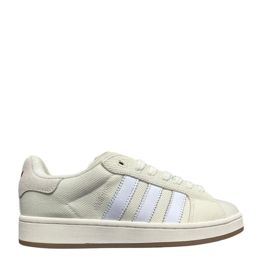 Luxury Chef Adidas Campus off-white canvas sneakers with white stripes and gum sole. Casual unisex footwear.