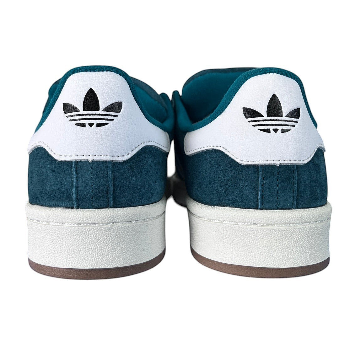 Luxury Chef Adidas Campus teal suede sneakers with white heel tab and black trefoil logo.