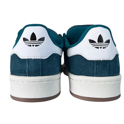 Luxury Chef Adidas Campus teal suede sneakers with white heel tab and black trefoil logo.