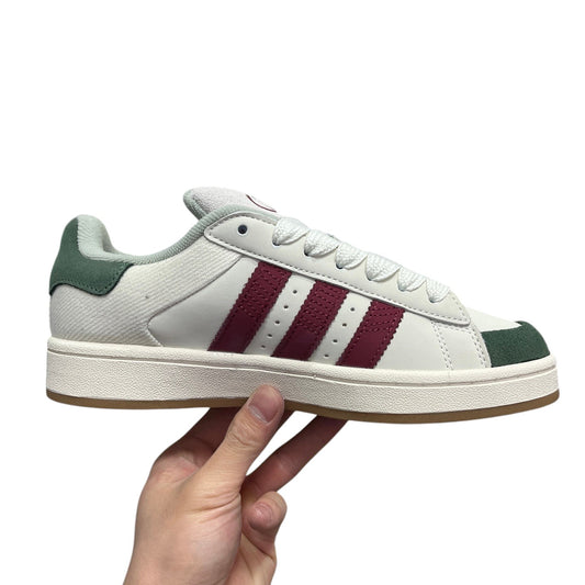 Luxury Chef ADIDAS CAMPUS white leather sneakers with burgundy stripes and green accents.