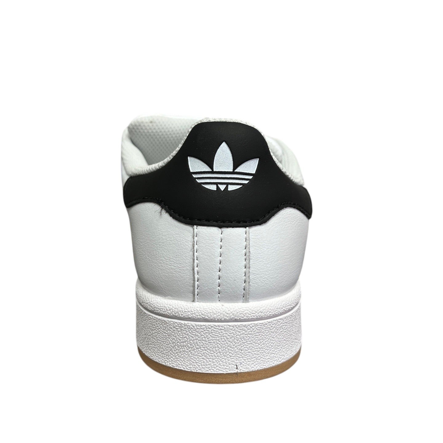Luxury Chef white leather Adidas Campus sneakers with black heel tab and gum sole.