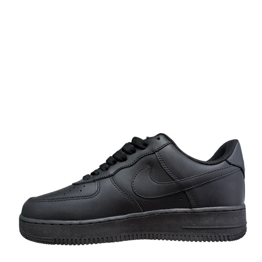 Luxury Chef Air Force 1 black leather sneakers with tonal Nike swoosh and laces. Classic low-top design.