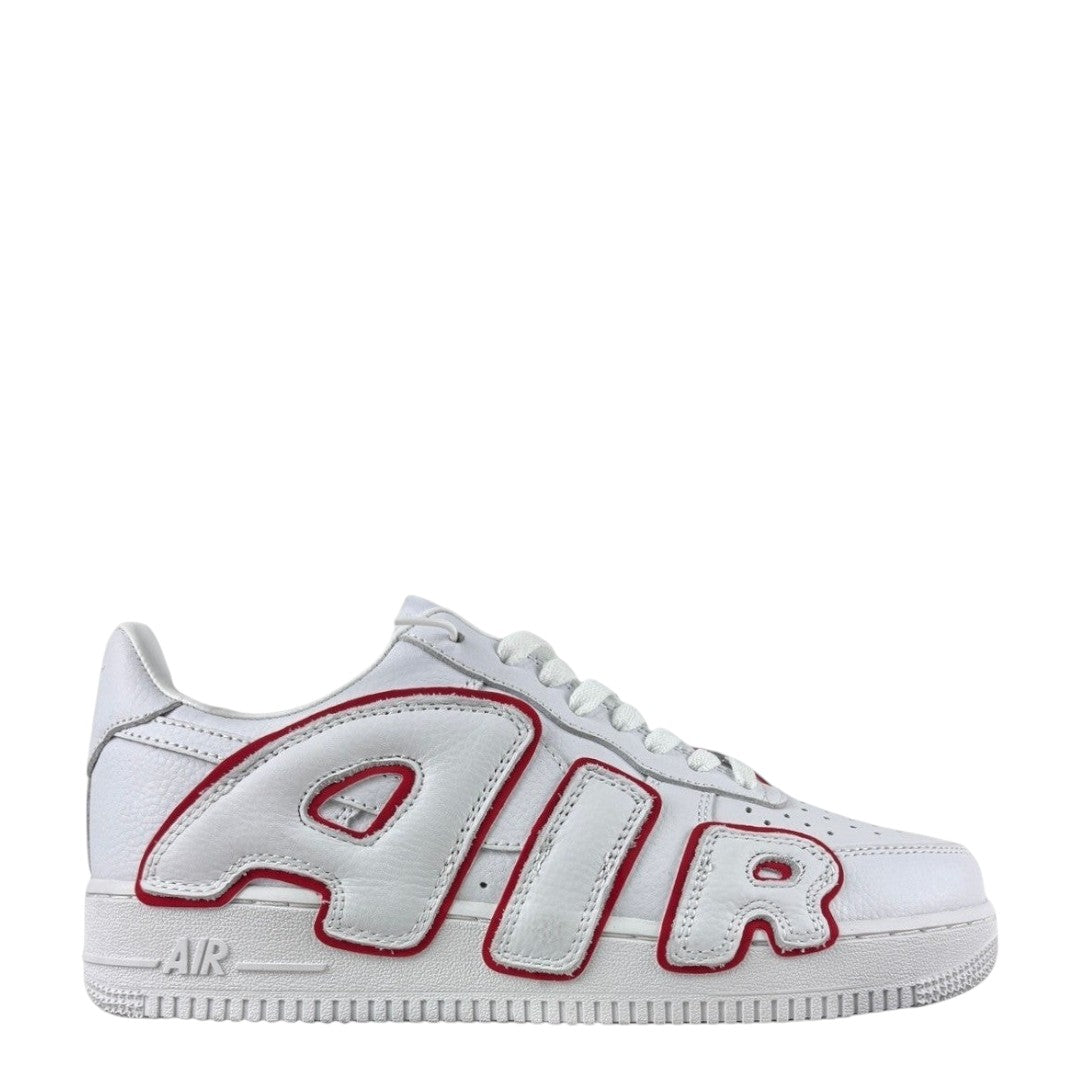 Luxury Chef white leather Air Force 1 CPFM sneakers with red trim and bold AIR lettering.