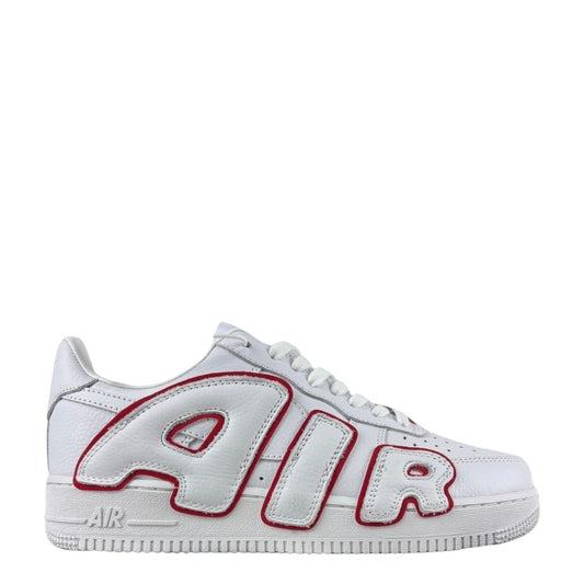 Luxury Chef white leather Air Force 1 CPFM sneakers with red trim and bold AIR lettering.