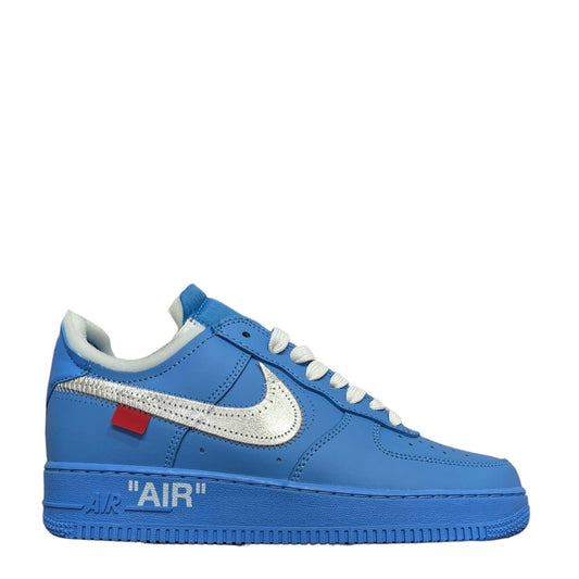 Luxury Chef Air Force 1 Off-White blue leather sneakers with silver swoosh and white laces. Features "AIR" text on midsole.