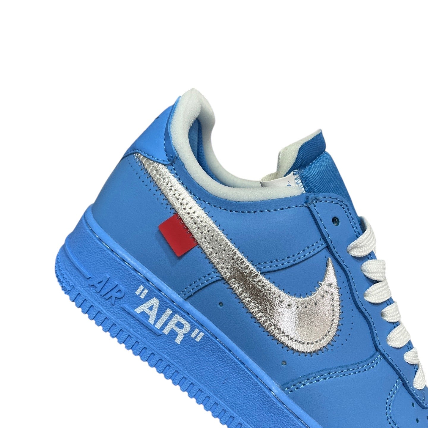 Luxury Chef Air Force 1 Off-White sneakers in bright blue leather with silver swoosh and white laces.