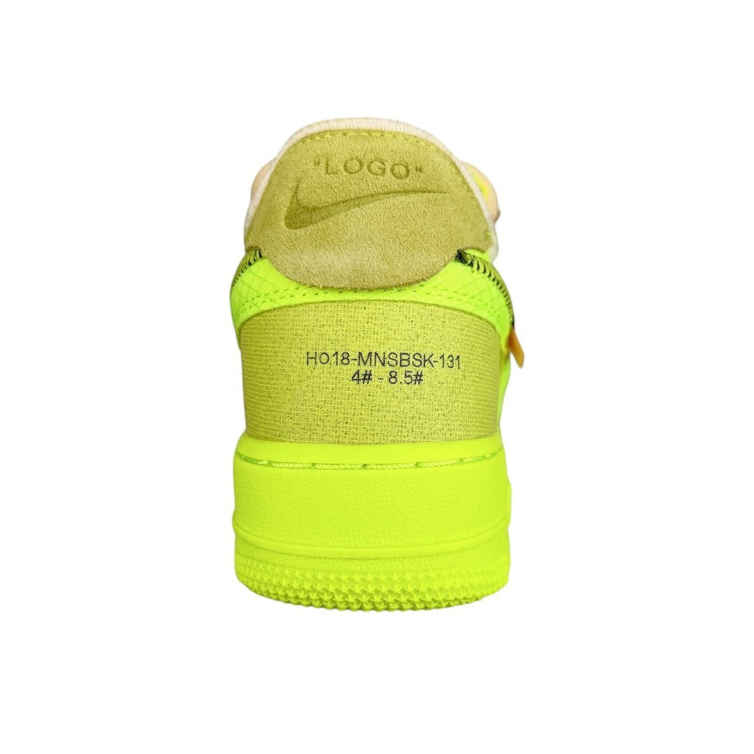 Luxury Chef Air Force 1 Off-White sneakers in bright lime green with suede heel tab and "LOGO" text.
