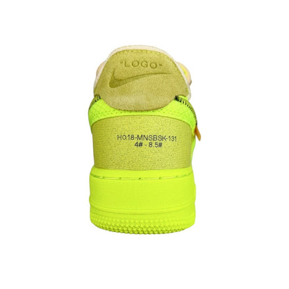 Luxury Chef Air Force 1 Off-White sneakers in bright lime green with suede heel tab and "LOGO" text.