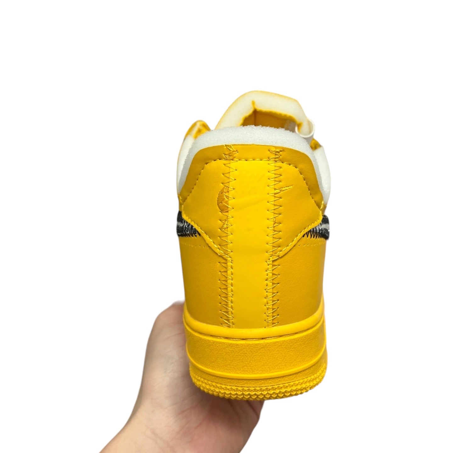 Luxury Chef Air Force 1 Off-White yellow leather sneakers with white trim and visible stitching.