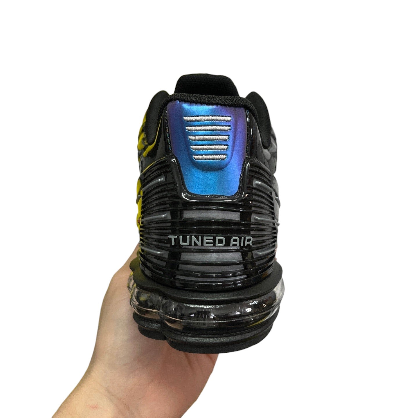 Luxury Chef AIR MAX 270 black sneakers with iridescent blue heel detail and Tuned Air branding.