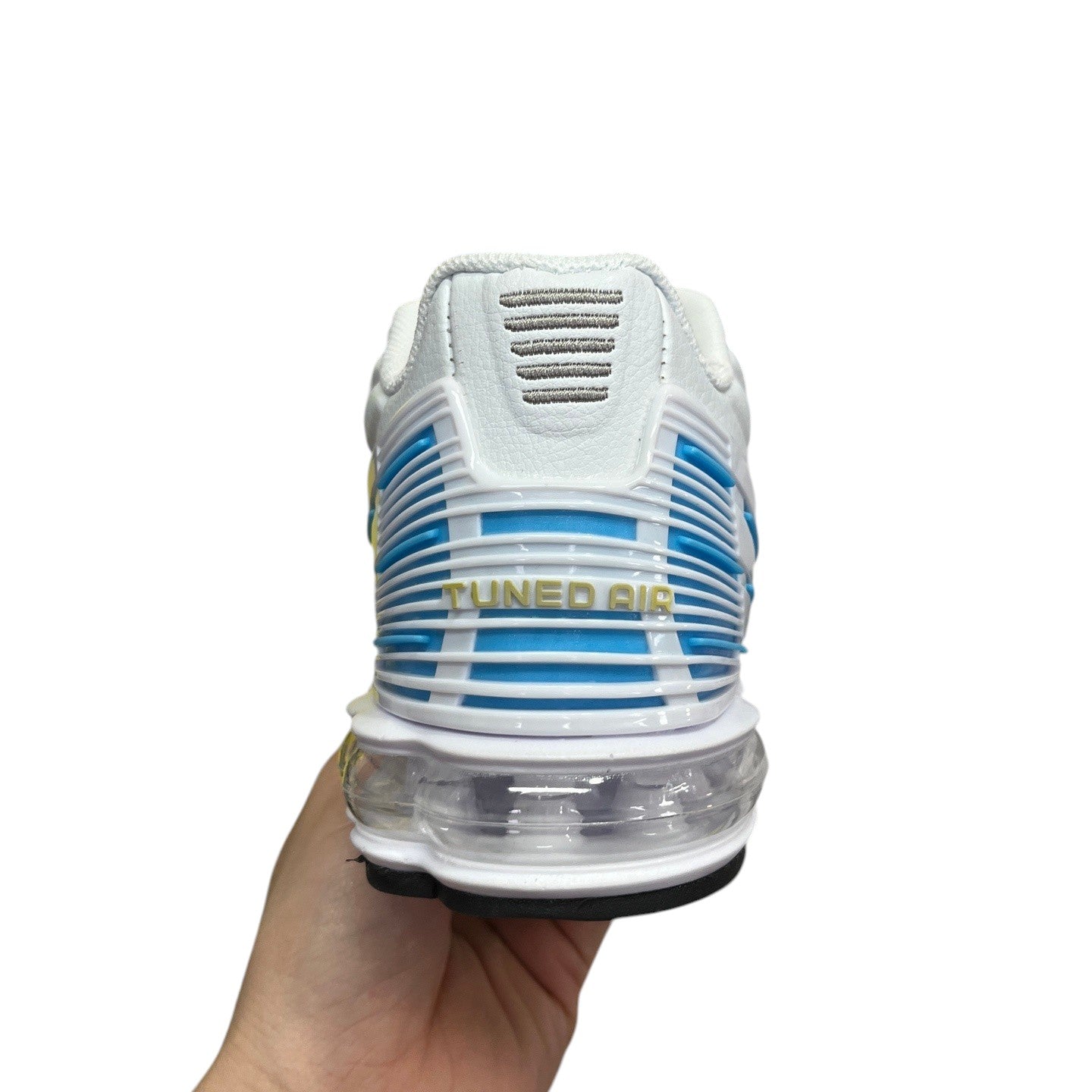 Luxury Chef Air Max 270 white and blue sneakers with clear air bubble heel and "TUNED AIR" text.