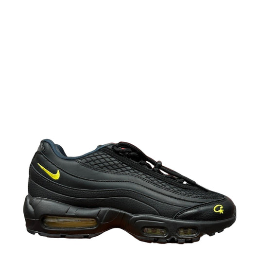 Luxury Chef Air Max 95 Corteiz sneakers in black leather with yellow accents and visible air cushioning.