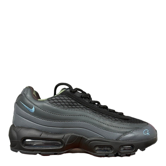 Luxury Chef Air Max 95 Corteiz sneakers in dark grey and black with light blue accents and visible air cushioning.