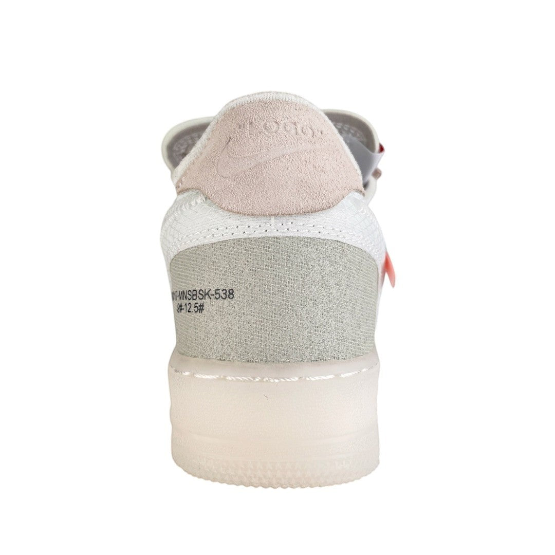 Luxury Chef Air Force 1 Off-White sneakers with beige suede heel tab and textured grey fabric.