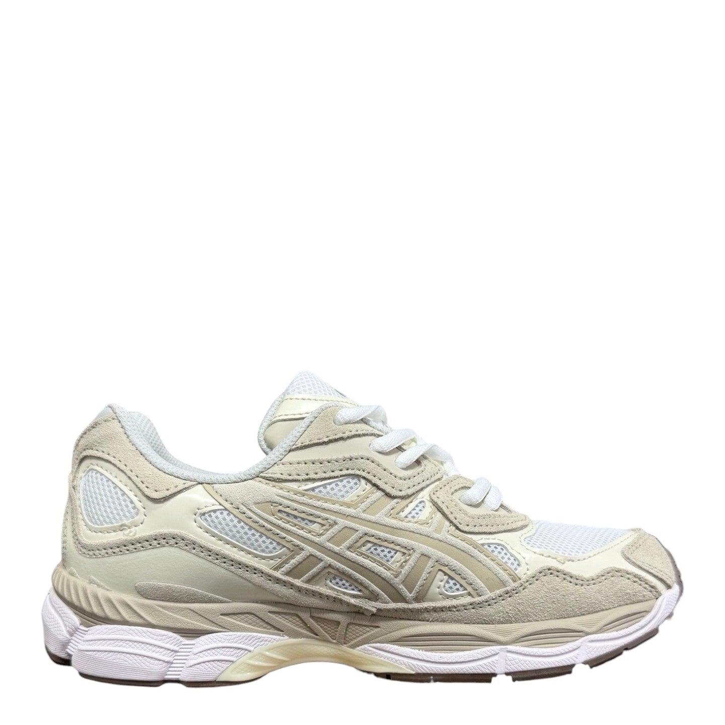 Luxury Chef ASICS GEL-NYC beige and brown suede and mesh sneakers with white laces and soles.