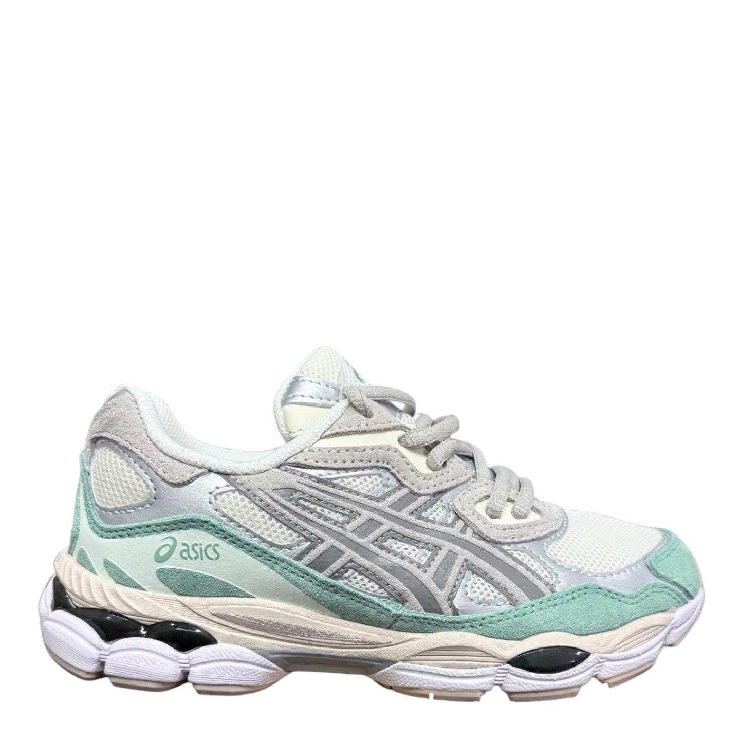 Luxury Chef ASICS GEL-NYC beige and green mesh sneakers with grey accents and a cream midsole.